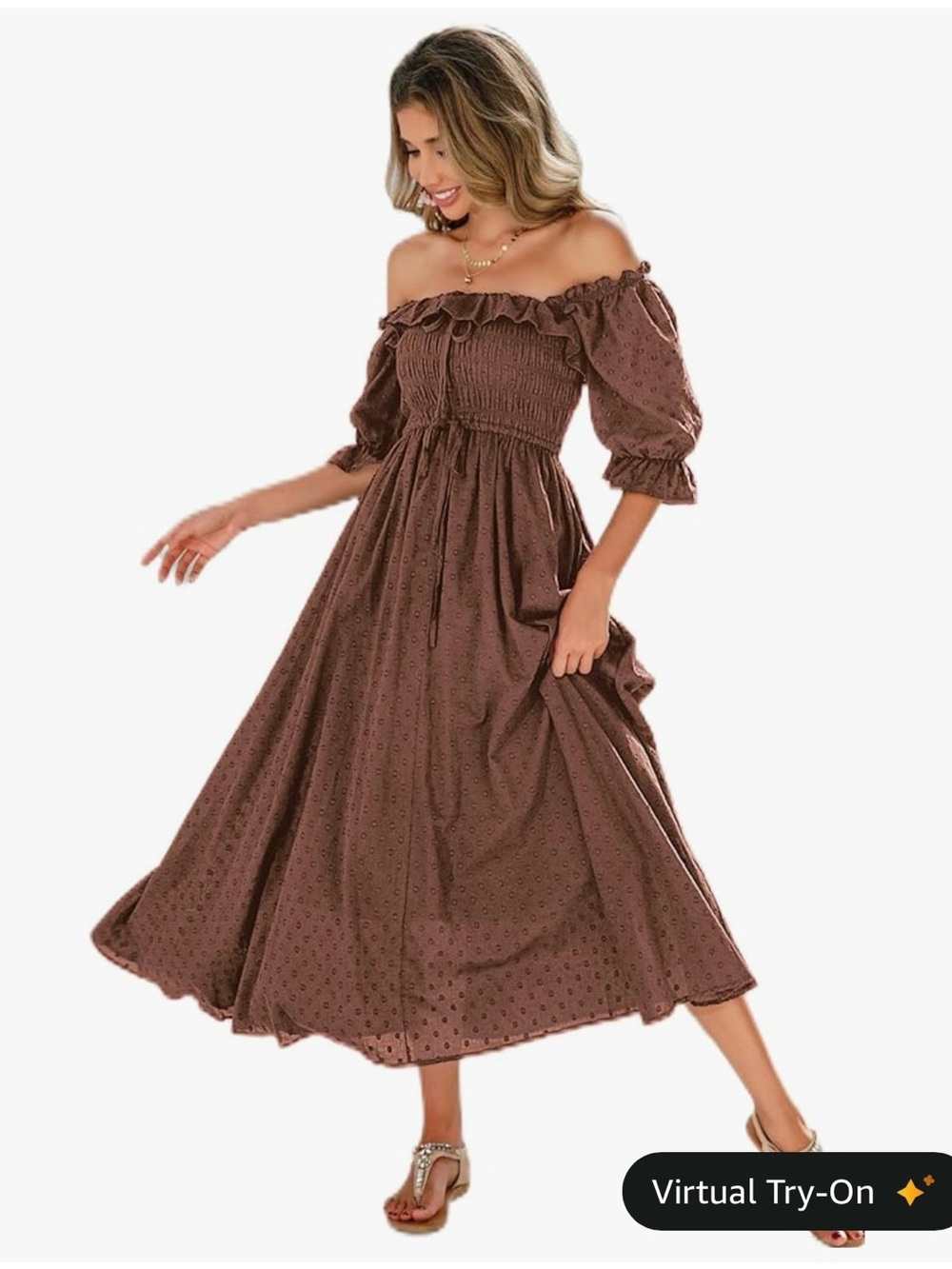 Smocked Off-Shoulder Maxi Dress in Brown